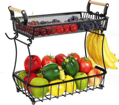 ANTOPY 2 Tier Fruit Basket with 2 Banana Hangers, Countertop Fruit Vegetable Basket Bowl for Kitchen Counter Metal Mesh Basket Fruits Stand Produce Holder Organizer for Onion Potato Bread Snack Veggie