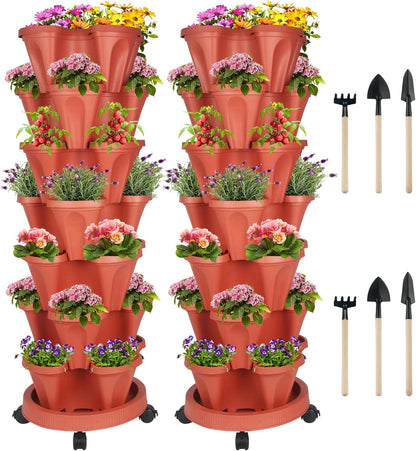 DUNCHATY Stackable Planters 7 Tier Vertical Garden Planting Tower Planters Strawberry, Herb, Flower, and Vegetable Planter Indoor Outdoor Gardening Pots with Removable Wheels and Tools, 2 Set