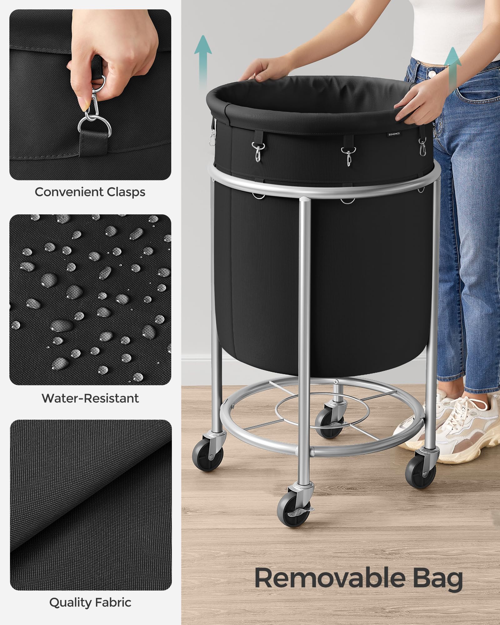 SONGMICS Laundry Basket, Rolling Steel Frame with 2 Locking Wheels, 110 L