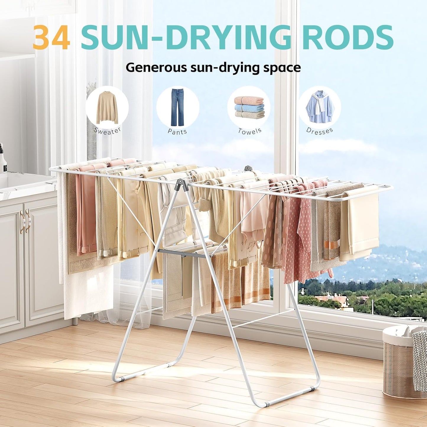 APEXCHASER Clothes Drying Rack, Oversized Drying Rack Clothing with Height-Adjustable, Foldable Gullwings Metal Laundry Rack, Indoor Outdoor Use, No Assembly, White