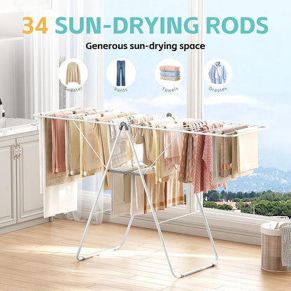 APEXCHASER Clothes Drying Rack, Oversized Drying Rack Clothing with Height-Adjustable, Foldable Gullwings Metal Laundry Rack, Indoor Outdoor Use, No Assembly, White