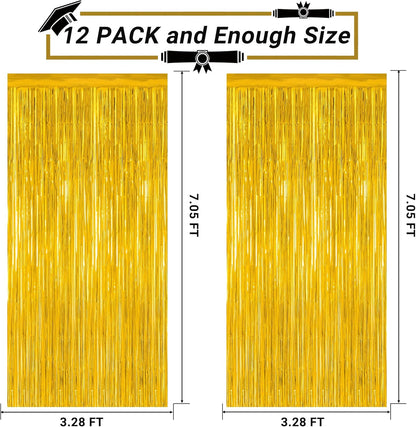 12 Pack 2025 Graduation Decorations, 3.28 FT x 7.05 FT Gold Backdrop Curtains, Metallic Class of 2025 Backdrop Fringe Curtains Foil Streamer, Gold Grad Decorations 2025 Party Supplies