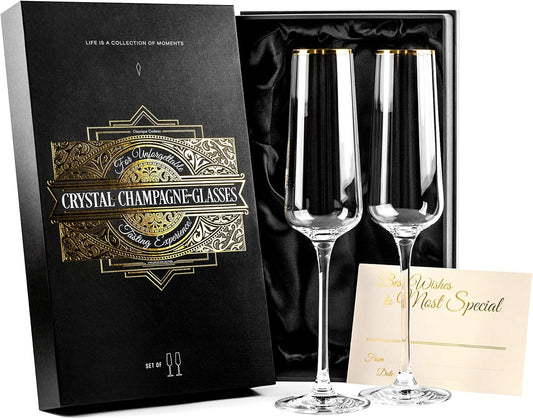 Gold Rim Champagne Gift Glasses | Set of 2 | Crystal Square Toasting Flutes for Bride and Groom, Wedding, Anniversary, Birthday | Elegant Long Stemmed Glassware for Sparkling Wine, Prosecco