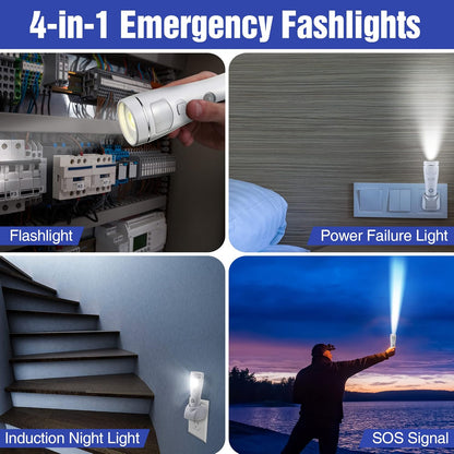 Enhon 4 in 1 LED Emergency Lights for Home Power Failure, 6 Pack Rechargeable Plug in Flashlight Motion Sensor Night Light, Automatic Turn On Power Outage Light for Home Hurricane Supplies(White)