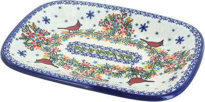 Blue Rose Polish Pottery Winter Cardinal Small Rectangular Serving Platter