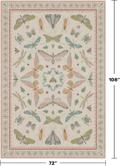 Floral Pink Rugs for Bedroom Girls 6x9 - Insect Print Cute Girly Rug for Living Room, Dining Room Under Kitchen Talbe, Washable Low Pile Vintage Bug Art Nouveau Home Decor