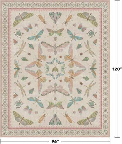 Cute Rugs for Bedroom Girls - Pink Living Room Rugs 8X10, Dining Room Table, Washable Pastel Flower Insect Print Whimsical Décor