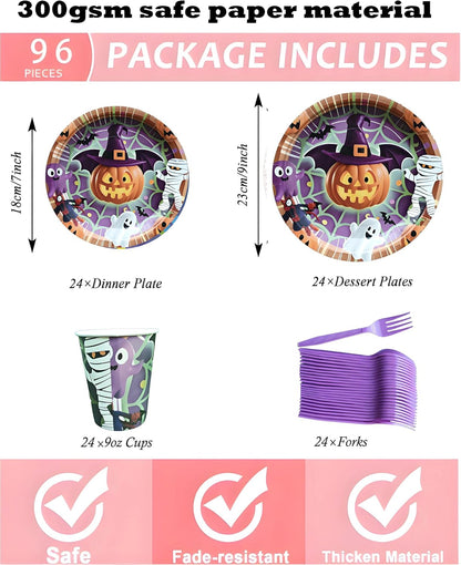 Halloween Paper Plates,Cups,Forks(96Pcs)-Disposable Party Plates Heavy Duty,Party Supplies Tableware Set|Paper Plates 9 inch & 7 inch,Spooky Decor(Flying Pumpkin,Ghost,Zombie,Bat) for Kids Halloween