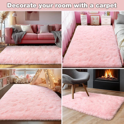 Ultra Soft Fluffy Pink Rugs for Bedroom 2x6 Feet, Fluffy Shag Area Rugs for Living Room, Large Comfy Furry Rug for Girls Kids Baby Room Decor, Non Slip Nursery Modern Indoor Fuzzy Floor Bedside Carpet