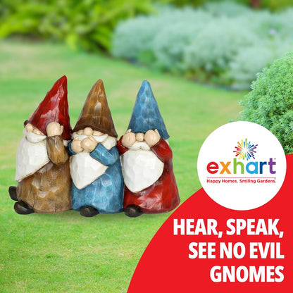 Exhart Garden Gnomes, See No, Hear No, Speak No Evil Garden Gnome Statue, Hand Painted Outdoor Garden Decorations, 12 x 9 Inch