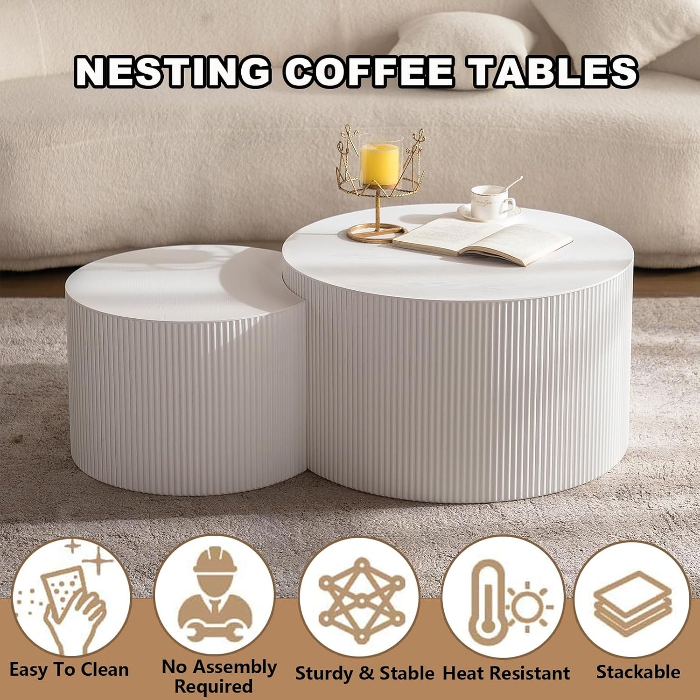 Nesting Coffee Table Set of 2 Modern Handcraft Fluted Coffee and End Table Sets Wooden Drum Small Round Side Table Minimalist Cream Center Tables for Living Room,No Assembly,Crescent Large