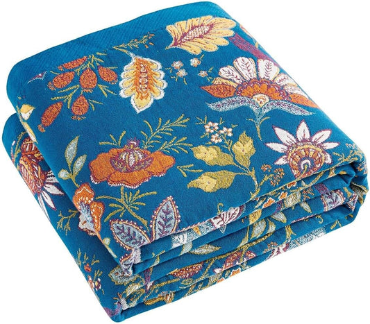 Fall Throw Blanket for Couch, Blue Boho Decorative Throw Blanket, 100% Cotton Muslin Breathable Woven Farmhouse Blankets Quilt, 90"x98" Reversible Lightweight Blankets Bohemian Throw Quilt