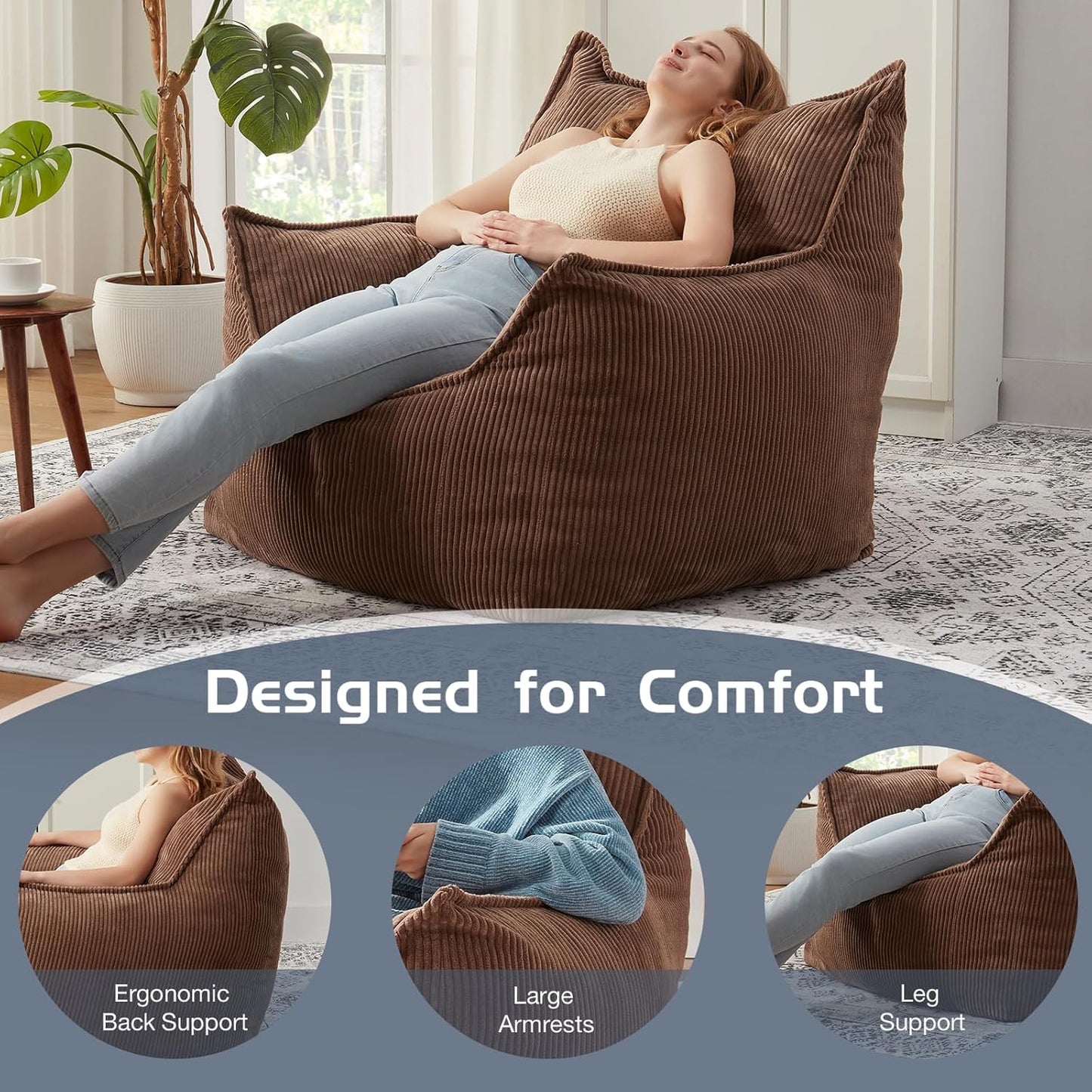 Giant Bean Bag Chair Sofa for Adults Teens, Comfy Corduroy Large Bean Bag Chairs with Armrests for Bedroom Living Room, Adult BeanBag Lazy Sofa Couch Chairs with Filler Included