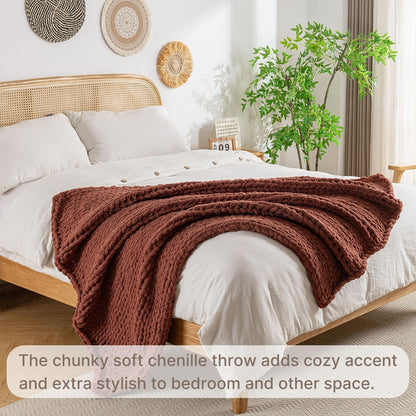 Chunky Knit Blanket Throw, 100% Hand Knit Throw Blanket Handmade Chenille Cable Knit Throw for Couch, Stylish Cozy Soft Rope Knot Crochet Blanket for Home Decor, Copper Brown, 60x80 Inches