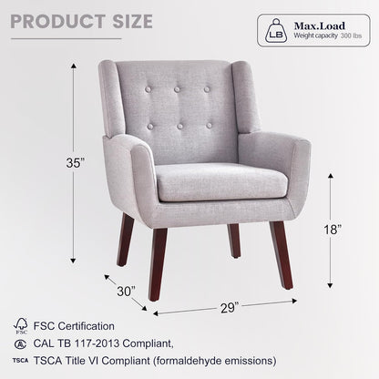 HUIMO Button-Tufted Accent Chairs Set of 2,Upholstered Reading Living Room Chair,Mid Century Modern Chair with Linen Fabric, Club Chair,Comfy Arm Chairs for Living Room,Bedroom,Light Grey
