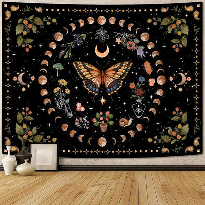 Aipon Yellow Butterfly Moon Flower Tapestry Botanical Floral Plant Boho Tapestry for Bedroom Aesthetic Vintage Tapestries Wall Hanging for Living Room Dorm (36.00'' × 48.00'', Yellow)