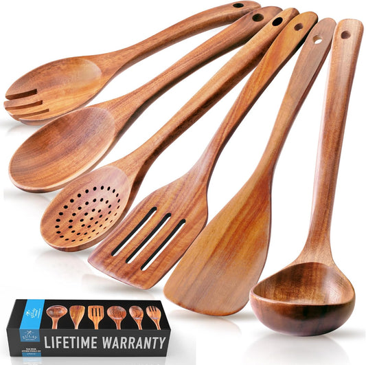 Zulay Kitchen Extra-Large 6-Piece Wooden Spoon Set - Smooth Teak Cooking Utensils - Comfort-Grip