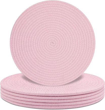 Round Placemats Set of 6, Cotton Rope Woven Table Mats, Hot Pads for Kitchen, Non Slip Heat Resistant Place Mats, 13 Inches Braided Placemat for Farmhouse Decor and Kitchen Table Decor (Pink)