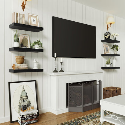 Black Floating Shelves for Wall, 16 inchs x 6.7” deep x 1.4” Wall Shelf for Bathroom Bedroom, Living Room, Kitchen, Office Home Decor, Narrow Wood Shelves with Invisible Brackets Set of 2