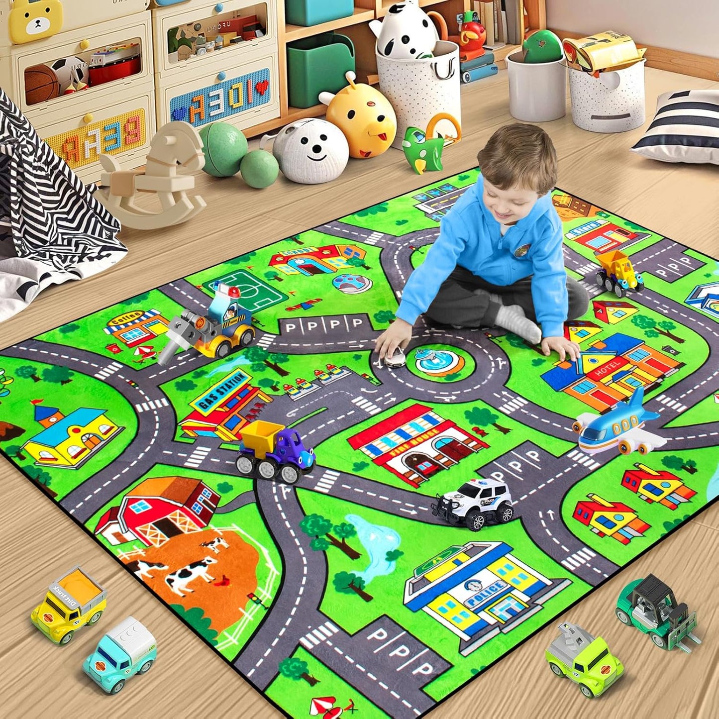 Road Car Rug,City Road Rug for Kids,3x5 Ft Kids Floor Play mat,and Car Carpet Play Mat with Realistic Colors – Perfect for Children and Non-Slip for Classroom,Playroom and Bedroom