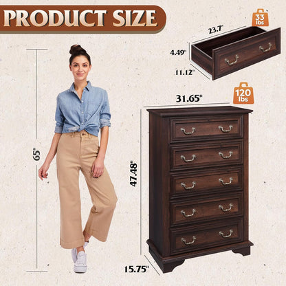 WLIVE Farmhouse Dresser for Bedroom, Tall Wood Dresser with 5 Drawer, Chest of Drawers with Roman Metal Handle for Living Room, Hallway, Closet, Brown
