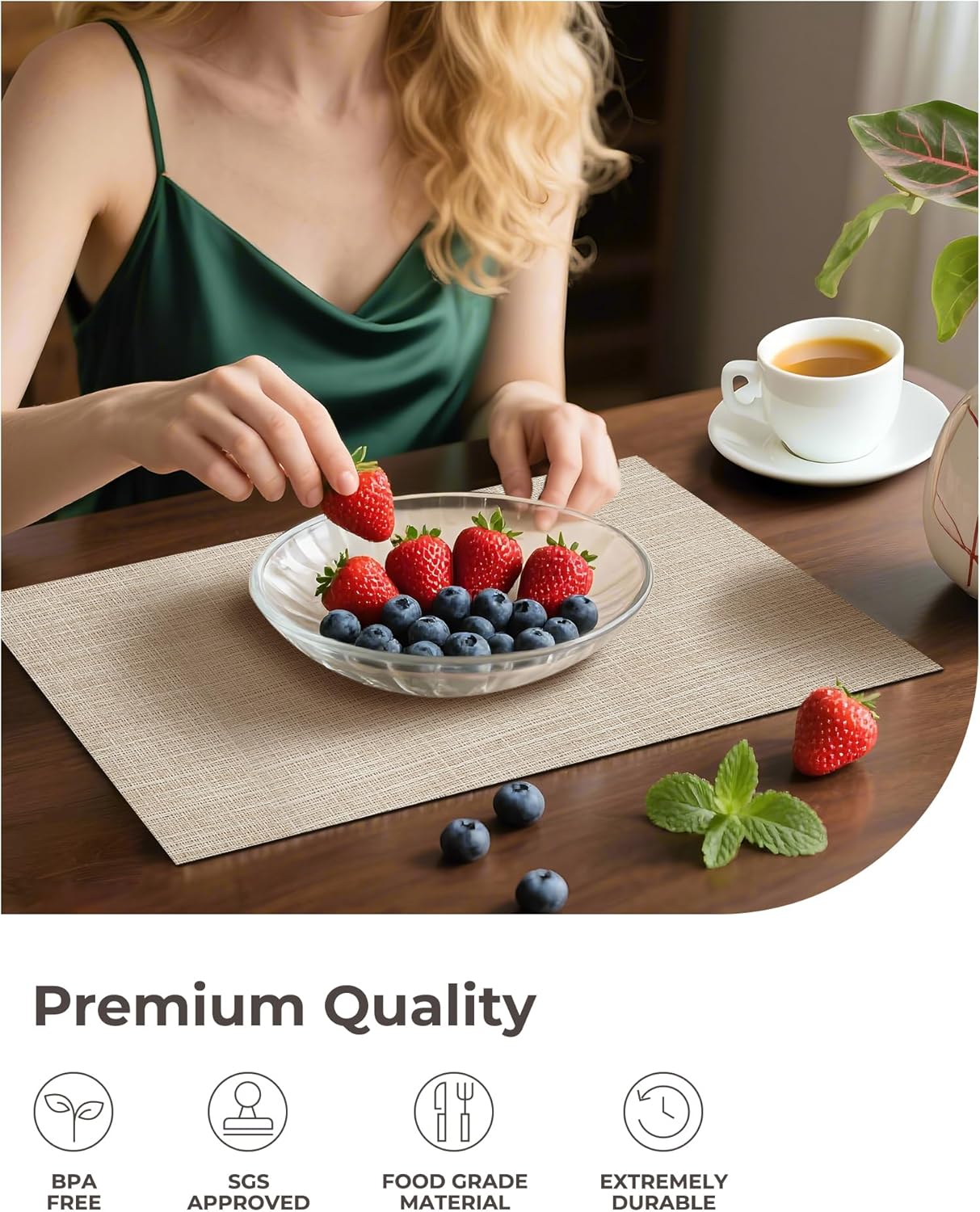 Leetaltree Beige Placemats Set of 12 - Heat Resistant Non-Slip Place mats for Dining Table, Washable Durable PVC Vinyl Woven Table Mats（Beige, 12）