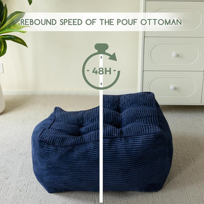 HIGOGOGO Square Stuffed Pouf Ottoman, Corduroy Poufs with Foam Chunk Filling, Furry and Fluffy Pouf Foot Stool Storage Ottoman, 25.6 X 25.6 Floor Poufs Foot Rest for Living Room, Navy