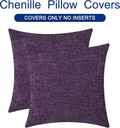 CaliTime Throw Pillow Covers Decorative 18 X 18 Inches Pack of 2 Cozy Chenille Cushion Cases for Couch Sofa Bed Living Room Home Plum Purple