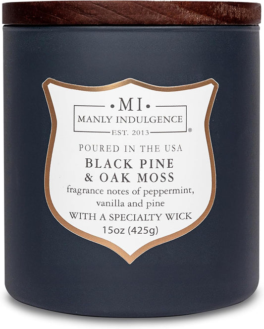 Manly Indulgence Black Pine Oakmoss Scented Candles for Men, 15 oz Wooden Wick, Premium Soy Blend
