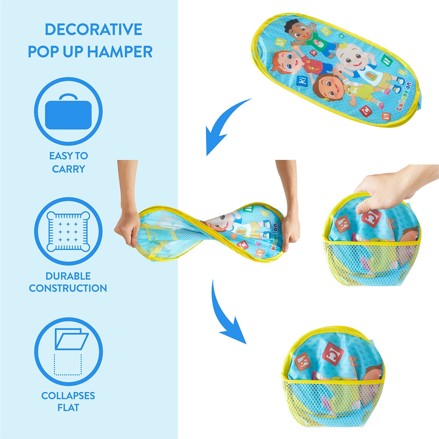 Cocomelon Pop-Up Hamper with Durable Carry Handles, Kids Laundry & Room Storage Organizer, 21”H x