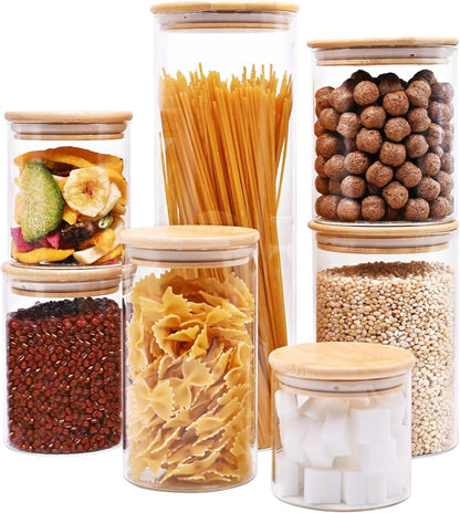 Glass Food Storage Jars, Glass Jars with Bamboo Lids, Kitchen Storage Jars, Canisters with Airtight Lids for Spice, Coffee, Cookie, Set of 7, Pantry Organizers