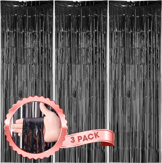 3 Pack 3.3 x 8.2 ft Laser Black Foil Fringe Backdrop Curtains, Tinsel Streamers Birthday Party Decorations, Fringe Backdrop for Graduation, Baby Shower, Gender Reveal, Disco Party