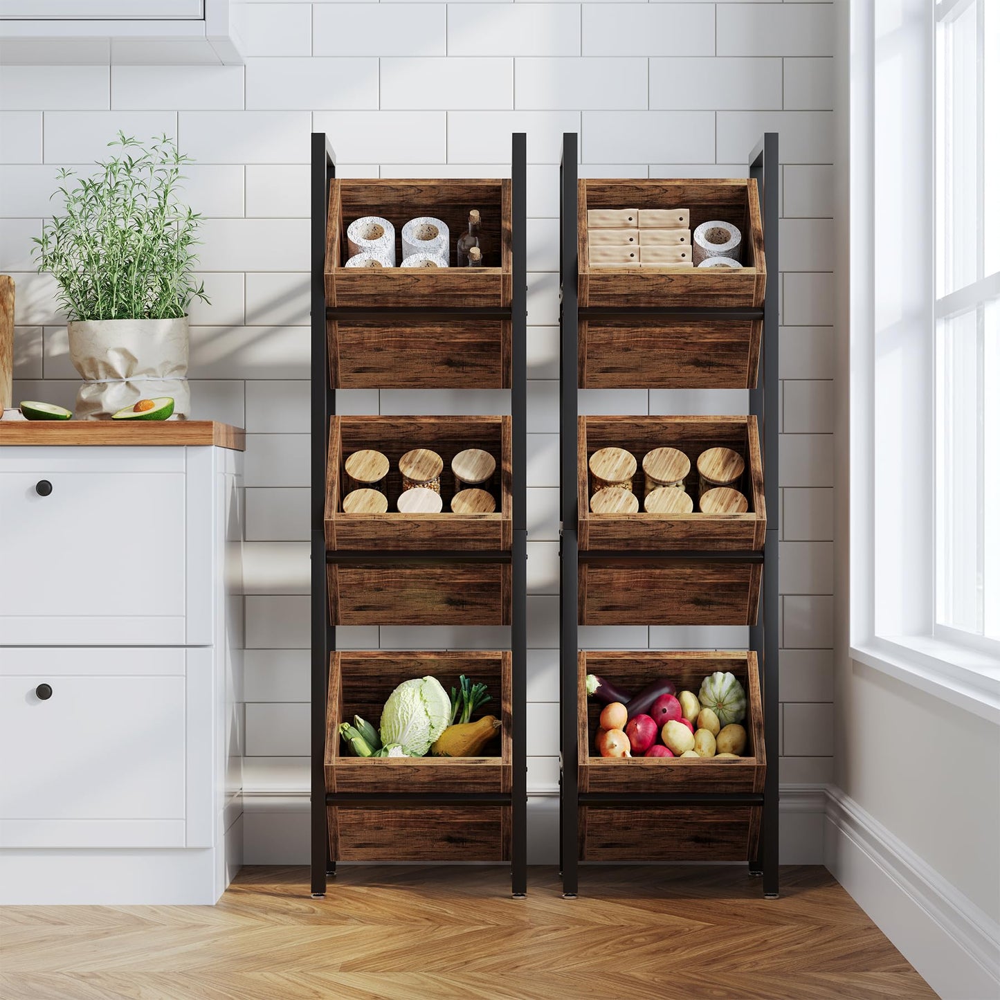 LITTLE TREE 3-Tier Basket Stand, Wooden Floor Stand Shelving Unit, Standing Organizer Storage Rack