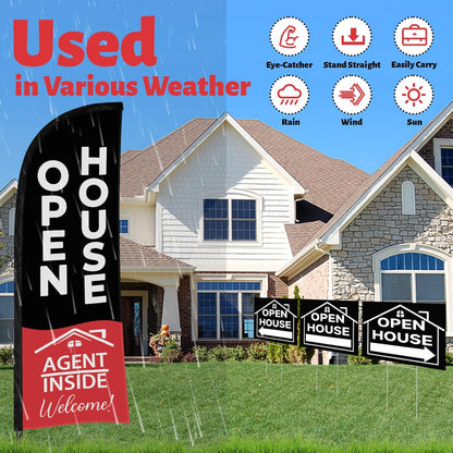 44 Pcs Open House Signs for Real Estate, Double Sided Open House Flag Kit, 7.6 x 5.4 Ft Black Banner Flag Poles Set for Outside, Directional Arrows Sign Stakes Balloons for Open House Supplies