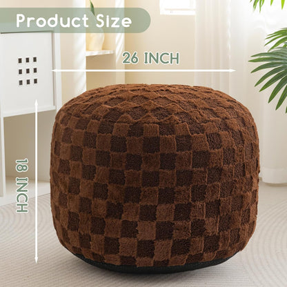 HIGOGOGO Round Stuffed Pouf Ottoman, Plaid Poufs with Foam Chunk Filling, Fluffy and Furry Pouf Foot Stool Storage Ottoman, 26 X 18 Floor Poufs Foot Rest for Living Room, Coffee