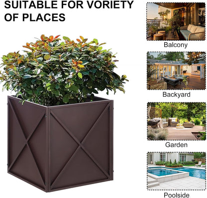 SUNNYPARK Large Metal Planter Box 17”x 17”x 18”, Square Modern Brown Metal Planter Box Heavy Duty with Drainage Holes for Outdoor Garden Patio