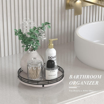 9" Wooden Lazy Susan Organizer for Cabinet, Turntable Round Decorative Tray for Kitchen Sink, Countertop Organizer, Bathroom Counter Organizer for Skincare Makeup, Rustic White