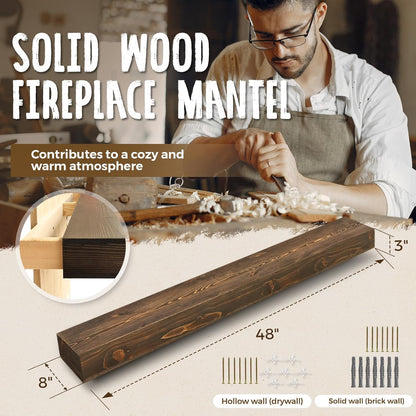 48x8x3 Fireplace Mantel - Handcrafted Hollow Rustic Solid Wood Wall Mounted Floating Shelf with Invisible Heavy Duty Wood Bracket (Weathered Brown)