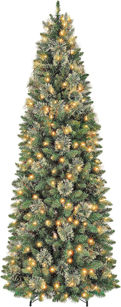 Hykolity 6 ft Prelit Pencil Slim Christmas Tree with 200 Warm White LED Lights, 544 PVC Branch Tips, Metal Stand and Hinged Branches