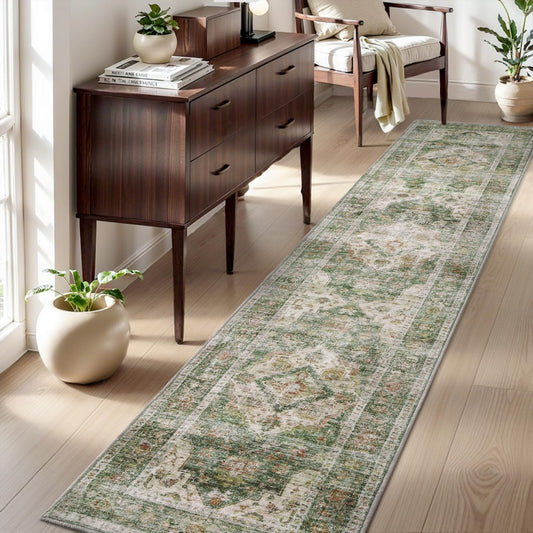 AMOAMI-2X10 Runner Rug-Washable Runners for Hallways-Soft Non Slip Bedside Rugs for Bedroom-Vintage Long Rug for Hallways Entryway Laundry Room Stair Kitchen Bathroom Green