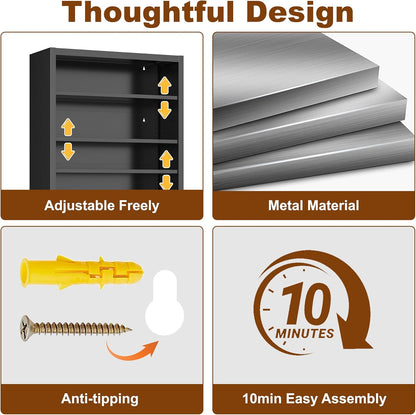 Metal DVD Storage Cabinets, 7-Tier CD Storage Rack with Adjustable Shelves, DVD Organizer Shelf, Media Shelves for CD Holder, Books, Games, Black Book Shelf for Living Room & Home Office (Black)