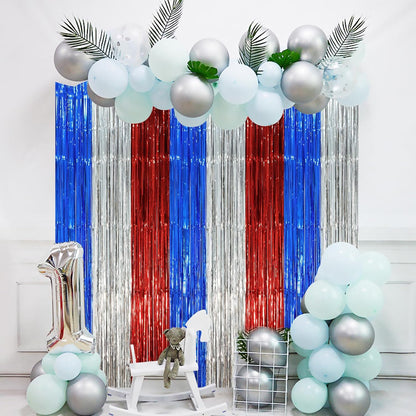 3 Pack 3.3 x 8.2 ft Blue Red Silver Foil Fringe Backdrop Curtains, Tinsel Streamers Party Decorations, Fringe Backdrop, Door Shimmer for Independence Day or Birthday Party