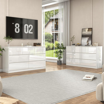 White Malm Dresser for Bedroom, 55 Inch Full High Gloss Dresser with 7 Drawers, Modern Large Wood Chest of Drawer Handle Free, Living Room, Entryway, Hallway, White