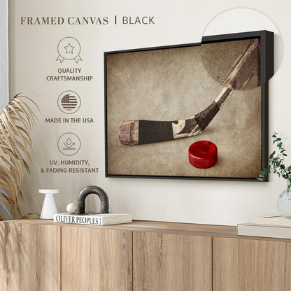 Elephant Stock Vintage Ice Hockey Wall Art - Horizontal Framed Canvas - 1-Piece Hallway Wall Decor - Photography Sports Canvas Print - Brown and Beige Decor for Wall - 40" X 27"