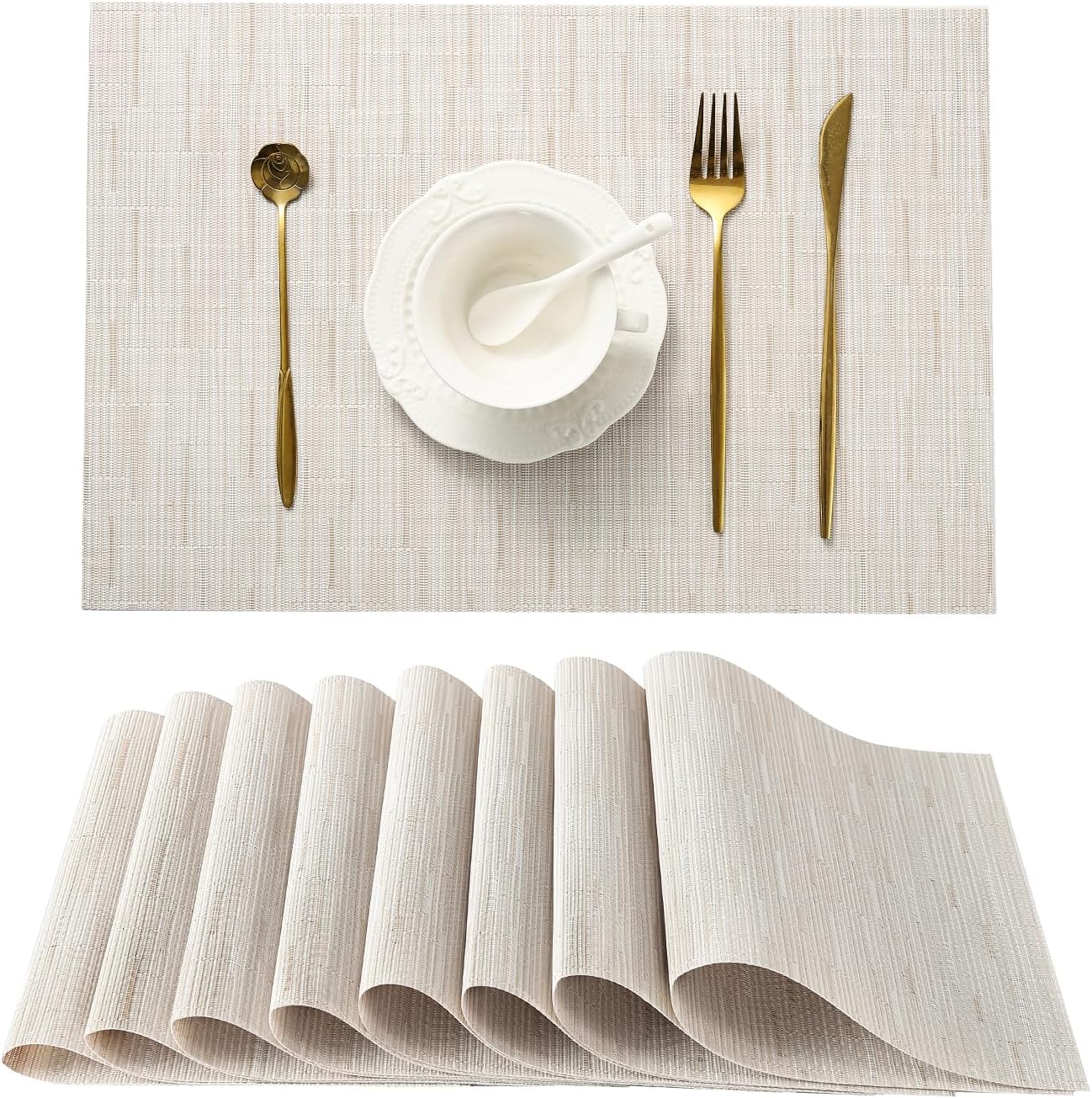 Leetaltree Pale Beige Placemats Set of 8 - Heat Resistant Non-Slip Place mats for Dining Table, Washable Durable PVC Vinyl Woven Table Mats（Pale Beige, 8）