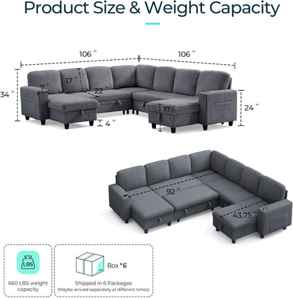 LINSY HOME Sectional Sleeper Sofa with Pull Out Couch Bed - Convertible Plush Corduroy Cloud Couch with Storage Chaise & USB Charging, Comfy Modular Couches for Living Room, Grey