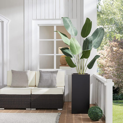 Metallic Heavy Planter for Outdoor Plants, 14Lx14Wx30H Inches, Tall Metal Planter Box with Hand Brushed Gold Edge for Outside & Indoor, 25 Pounds, No Assembly and Seamless, Set of 2 (Black)