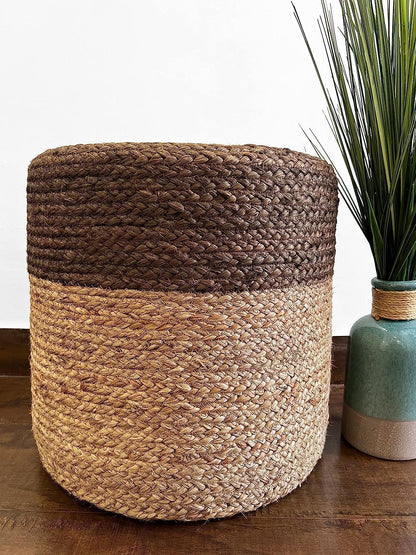 Jute Pouf Ottoman | Footrest Pouf | Hand Braided - Round Boho Pouffe - for Living Room, Bedroom, Nursery (16"x16"x16") Grey
