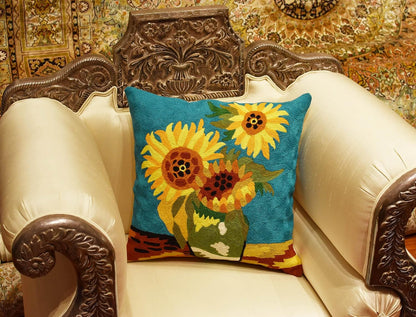 Turquoise Van Gogh Sunflower Pillow Cover Teal Floral Sofa Pillowcase Flower Chair Cushion Accent Throw Flowery Outdoor Pillows Farmhouse Couch Handmade Wool Size 18x18
