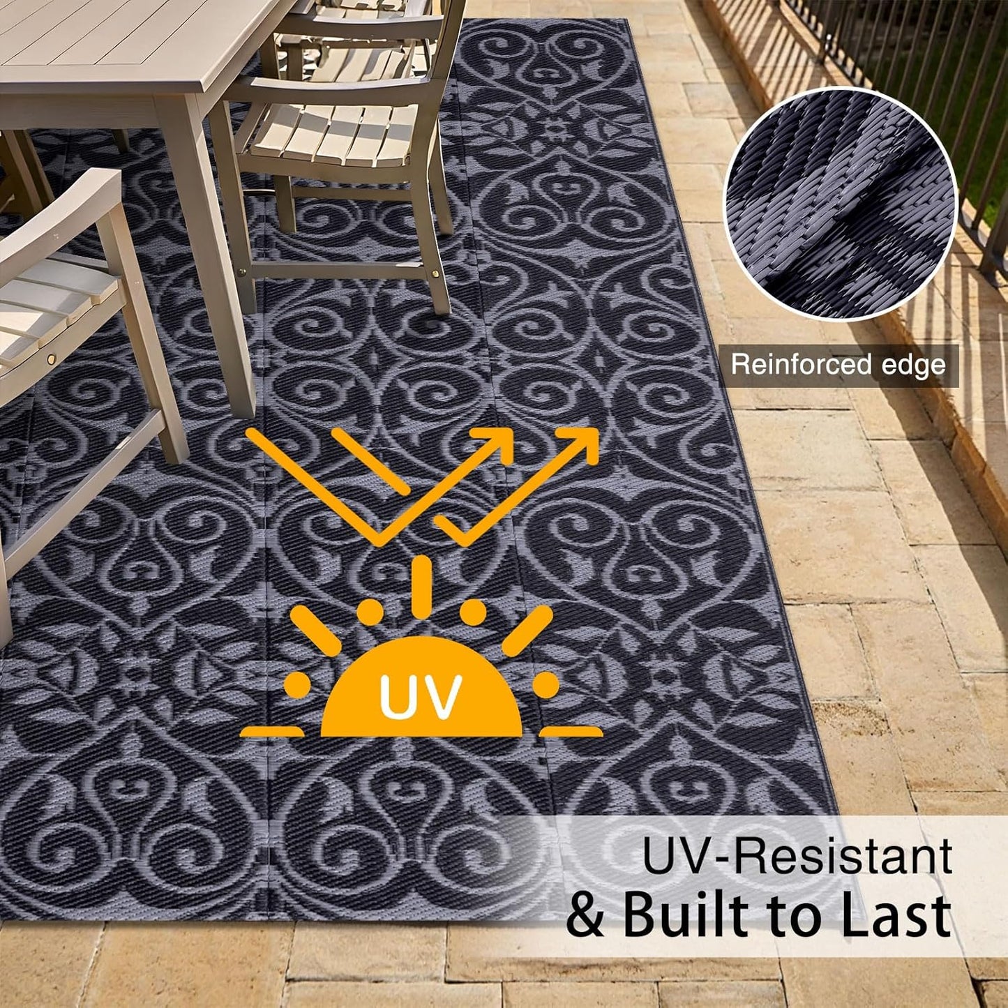 OLANLY Outdoor Rug Waterproof 5x8 ft Clearance, Reversible Outdoor Plastic Straw Rug with Floral Pattern, RV Mat for Patio, Camping, Balcony, Deck, Backyard, Black & Grey